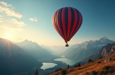 Fototapeta premium Hot air balloon flies mountain landscape at sunset. Colorful balloon flight over lake valley between mountain peaks. Summer travel, adventure, vacation, freedom concept. Sky background, beautiful