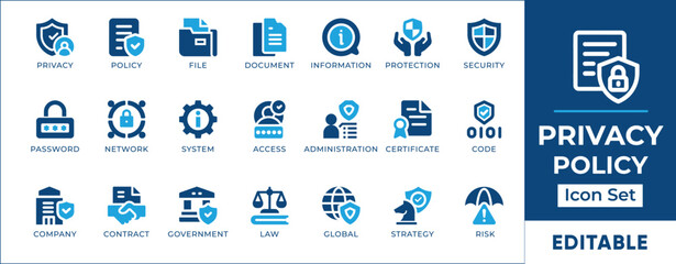 Privacy Policy and Data Security Icons. Includes compliance, administration, certificate, contract, document, global, justice, law, management, rule, strategy, and government