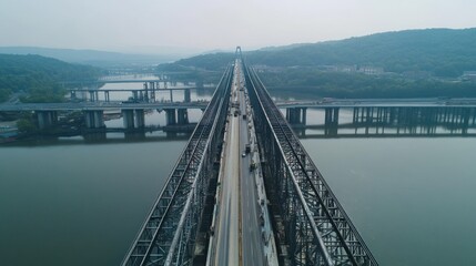 Obraz premium Aerial View of Bridge Over Water with Vehicle Traffic and Green Hills