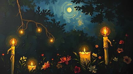 A moonlit night with glowing lanterns in a dreamy forest
Soft magic in the trees under a starry sky

