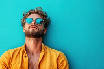 Obraz premium Young man enjoys bright colors against a blue wall