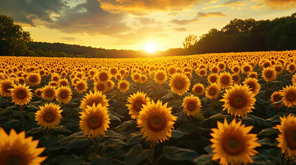Fototapeta premium vibrant sunflower field in full bloom under golden sunset, with serene forest in background
