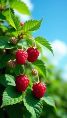 Bush of raspberries with green leaves and blue sky background, healthy, fruit, ripe