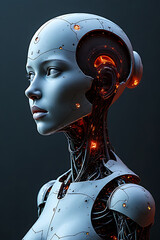Futuristic robot portrait digital studio art dark environment side view technology concept