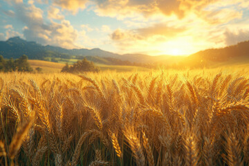 Obraz premium Golden wheat fields glowing under vibrant sunset, with rolling hills and serene countryside in background