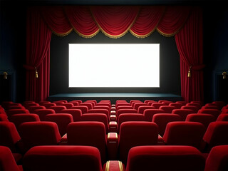A classic cinema hall interior, featuring plush red seating arranged in neat rows facing a bright white screen framed by opulent red curtains, inviting cinematic experience