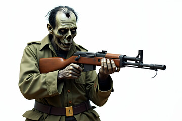 Fototapeta premium A chilling undead soldier in tattered fatigues, gripping a rifle with bony hands, evokes themes of post-apocalyptic warfare and the haunting persistence of the past