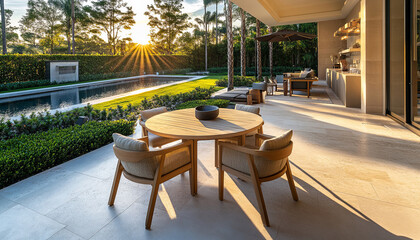 An ultra-luxurious outdoor patio space featuring a high-quality teak dining set consisting of a round wooden table and four elegant chairs. The patio is designed for an affluent American lifestyle, wi