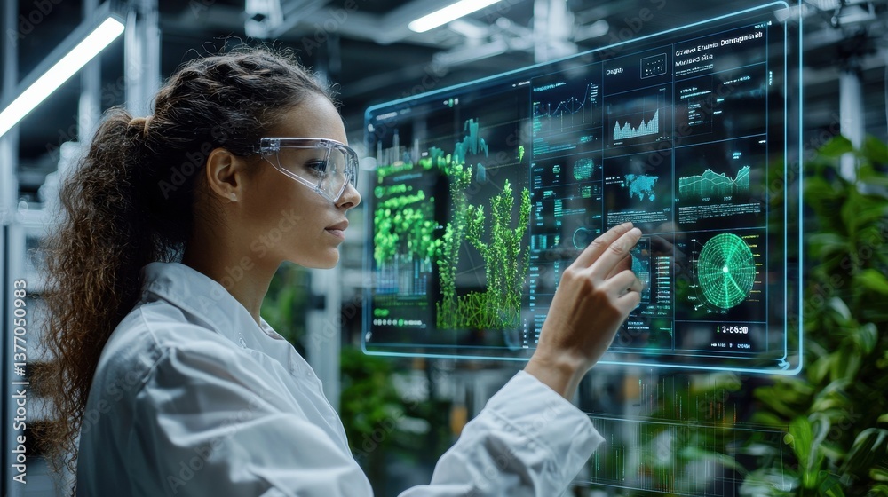 Poster a woman wearing a lab coat is looking at a computer screen with a green image