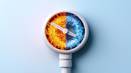 A white clock with a red and blue flame on it