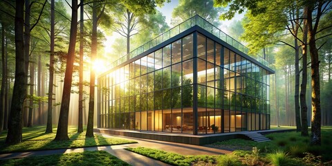 Fototapeta premium Stunning 3D Render: Lush Green Forest Enveloping Modern Glass Architecture