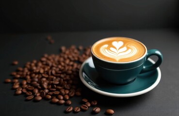 Obraz premium Latte art coffee cup on dark countertop. Roasted beans, drink, espresso. Morning breakfast, energy, warmth, delicious, creamy, tasty. Enjoy relax, comfort, style, modern lifestyle.