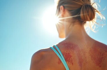 Close up view of sunburned woman back skin against bright sun and blue sky. Red, damaged skin from sun exposure. Summer vacation beach health care problem.
