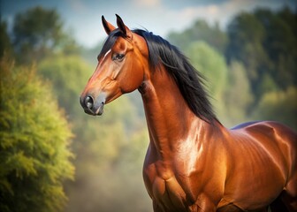 Obraz premium Stunning Bay Horse Portrait: Chestnut Coat, Flaxen Mane & Tail, Copy Space