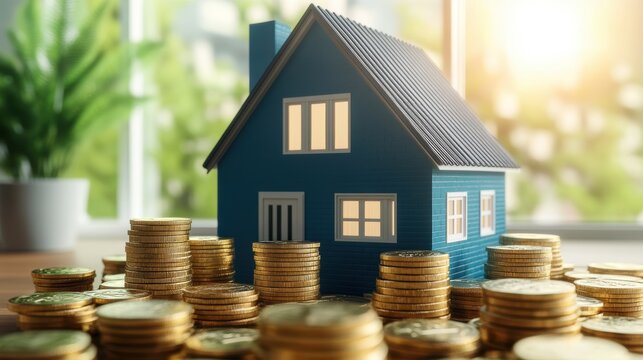 Blue model house on a large pile of shining gold coins symbolizing the high costs and financial aspects of homeownership and real estate investment choices