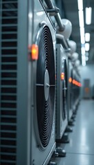 Row of air conditioning units with fan blades, technical background in data center. Ventilation, cooling equipment. Modern tech, data center infrastructure concept. Technology, innovation in energy