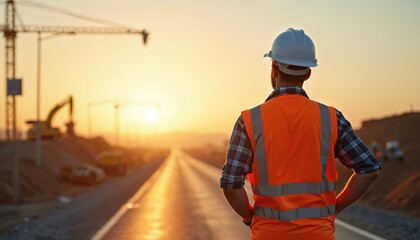 Construction worker wearing high visibility vest, helmet on road construction site at sunrise surveying project progress. Man in protective gear watching infrastructure development. Engineer