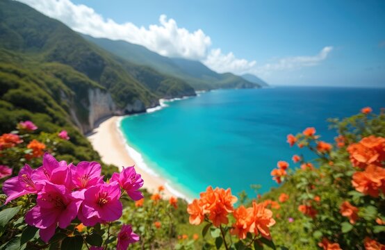Scenic coastal landscape in Venezuela. Turquoise ocean sea beach, mountains with green trees, bright flowers. Travel destination, relax. Summer vacation. Bougainvillea blooms. Nature at its finest.