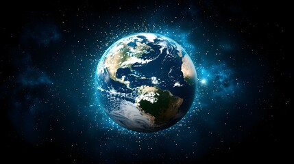 The image shows a detailed view of planet Earth from space, surrounded by a field of stars and nebulae.  A vibrant, glowing halo encircles the planet, adding a celestial ambiance.