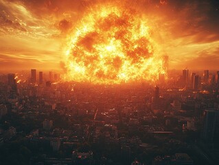 Large explosion erupts over a city.  Buildings are consumed by the inferno