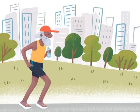 Elderly man running in the city park