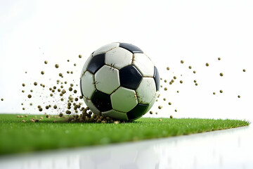 A Dynamic High Contrast Soccer Ball Scene Capturing the Essence of Football Action on Vibrant Green Grass with Debris Motion Effect for Sport Enthusiasts