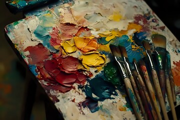 Fototapeta premium Artist's Palette with Oil Paints and Brushes
