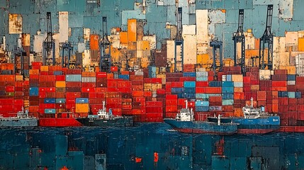 Abstract maritime transport hub scene with container ships and loading cranes view