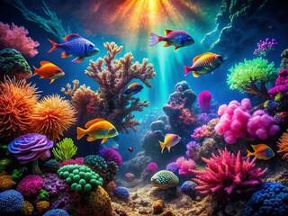 Naklejka premium Surreal Aquarium Fish Gallery: Vibrant Underwater Dreamscape