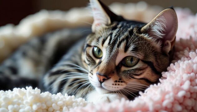Close-up of cute grey and white domestic cat resting on a cozy blanket, feline, resting, cute