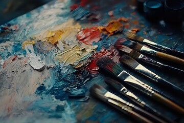 Fototapeta premium Close Up of Paintbrushes on a Colorful Artist's Palette