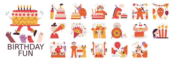 A collection of vibrant illustrations depicting various elements and activities associated with a fun birthday celebration.