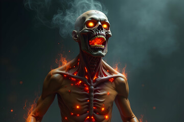 Fototapeta premium A Grotesquely Burnt Zombie Rises From The Ashes With Fiery Eyes And Burning Embers Scattered Across Its Skin Against a Stark, Dark Backdrop Creating a Horrific Scene