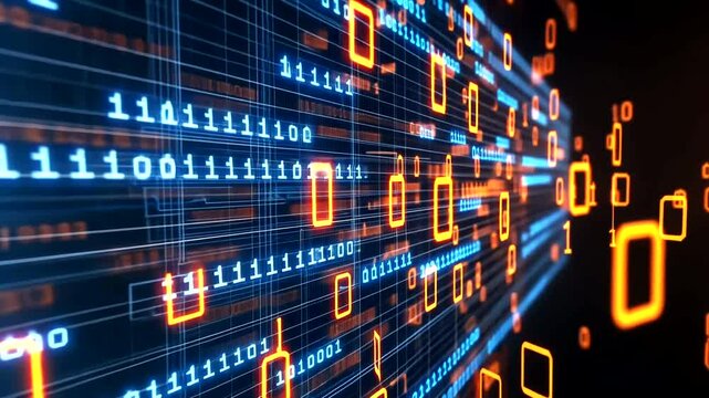 Binary code background. Abstract digital data stream with glowing binary code and geometric shapes in a futuristic background.