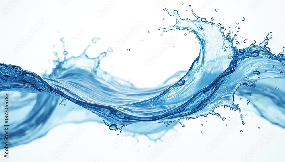 Poster dynamic blue water swirl splash. liquid flows in wave form with bubbles isolated on clean white png 