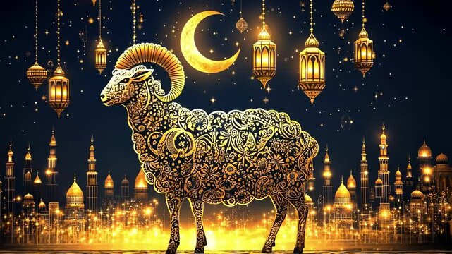 Golden festive ram with crescent moon and lanterns in night sky. Eid al-Adha Mubarak. Kurban Bayram