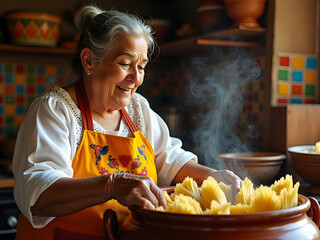 A heartwarming image capturing a traditional Mexican grandmother preparing authentic cuisine in her cozy kitchen, surrounded by the aroma of home-cooked meals