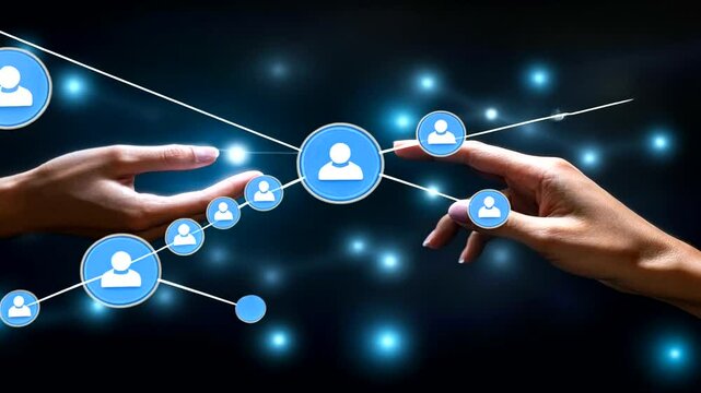 Social network connections. The arms outstretched towards the central network symbolize connection and collaboration in the digital space.