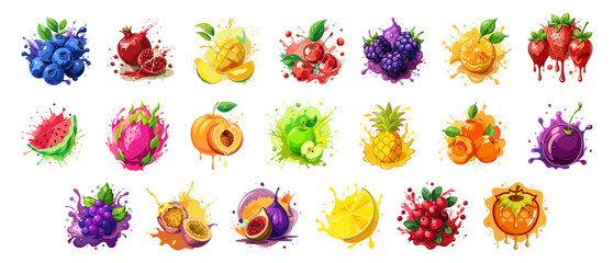 A set of colorful fruit illustrations with paint splatter effects, creating a dynamic and fresh aesthetic. Ideal for packaging, kitchen decor, summer designs, and healthy lifestyle branding.