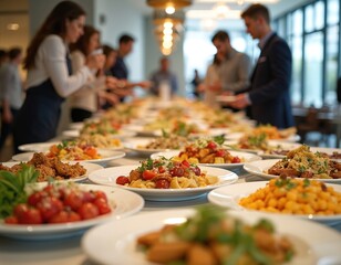 Buffet spread at corporate event with diverse food options. Attendees enjoying refreshments at modern venue. Catering, business meeting, networking concept. Variety of dishes, plates, salads, meat,