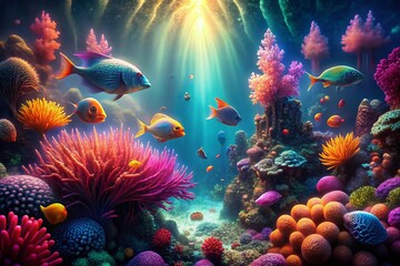 Obraz premium Surreal Underwater Seascape: Vibrant Coral Reef with Bioluminescent Creatures