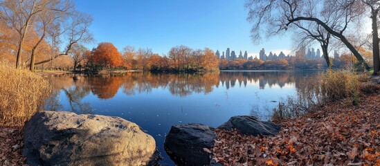 Autumn Lake Park Skyline Reflection