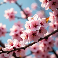 Obraz premium Close-up of flowering tree branch with pink blossoms in sunlight, floral, sunlight, bloom