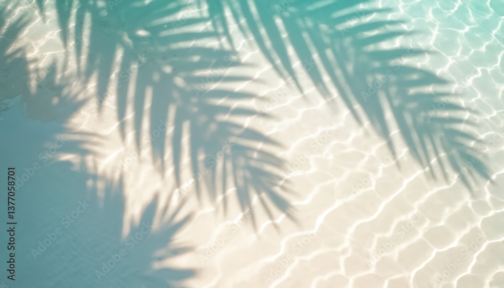 Poster top view tranquil water surface with palm leaf shadows, creating tropical vacation mood. sunlight, c