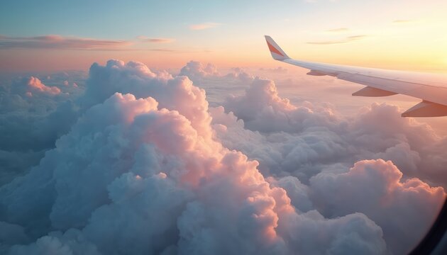 Airplane wing view above clouds. Flight through sunset, sunrise sky. Travel journey, transportation, nature background. Beautiful fluffy clouds illuminated by sun light.