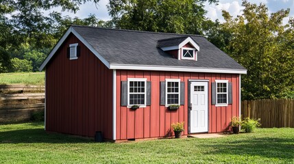 Obraz premium Charming Red Wooden Shed Garden Storage Building Exterior Home Backyard Rural Countryside Landscape Design Perfect Summer Cottage Style House Exterior Architectural Design Pretty barn door roof view 