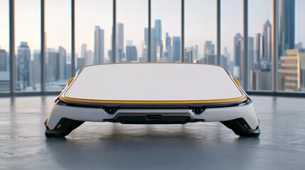 Futuristic White and Yellow Vehicle in Modern City Office