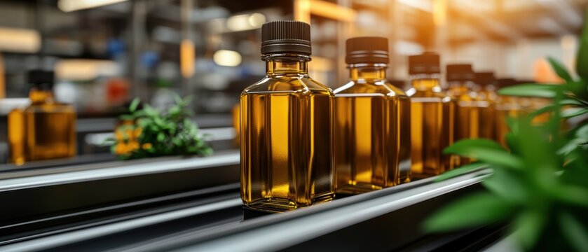 Conveyor belt transporting amber-colored oil bottles past vibrant green plants in a production line environment showcasing food manufactu processes and nature - Powered by Adobe
