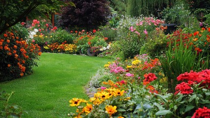 Vibrant Summer Garden Paradise: A Lush Tapestry of Colorful Blooms