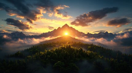 Obraz premium A breathtaking sunset illuminating a majestic mountain peak above a serene sea of clouds and lush green forest creating an awe-inspi landscape view